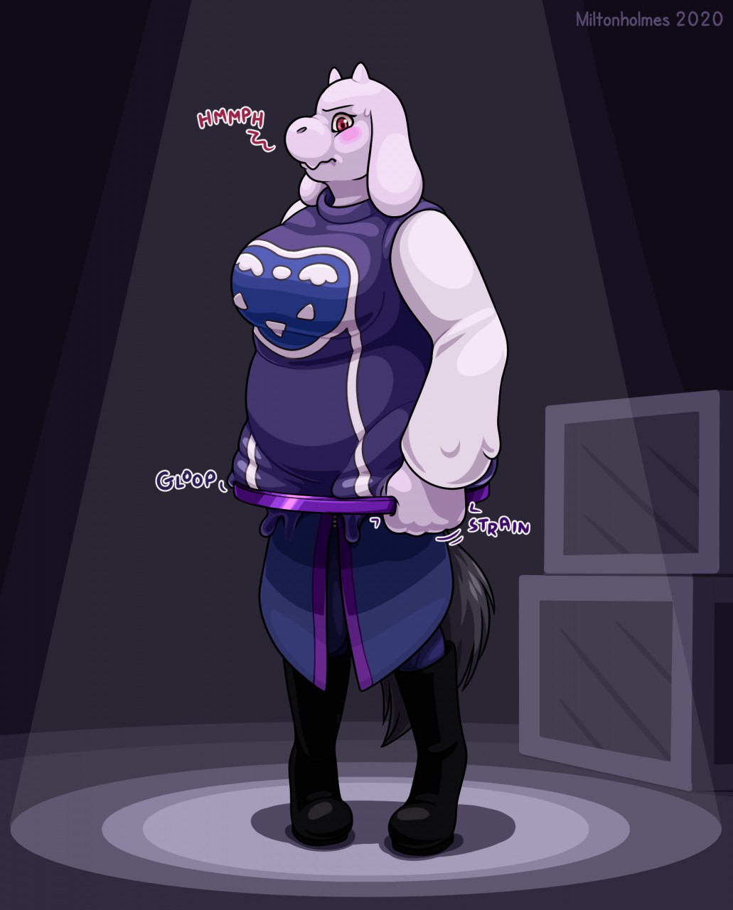 annoyed anthro belly big_breasts blush boots boss_monster bovid breasts caprine clothed clothing english_text female footwear frown fully_clothed fur goo_transformation hi_res hoop horn mammal mid_transformation miltonholmes overweight overweight_female red_eyes robe solo standing text tf_into_fictional_character toriel transformation transformation_ring undertale video_games white_body white_fur