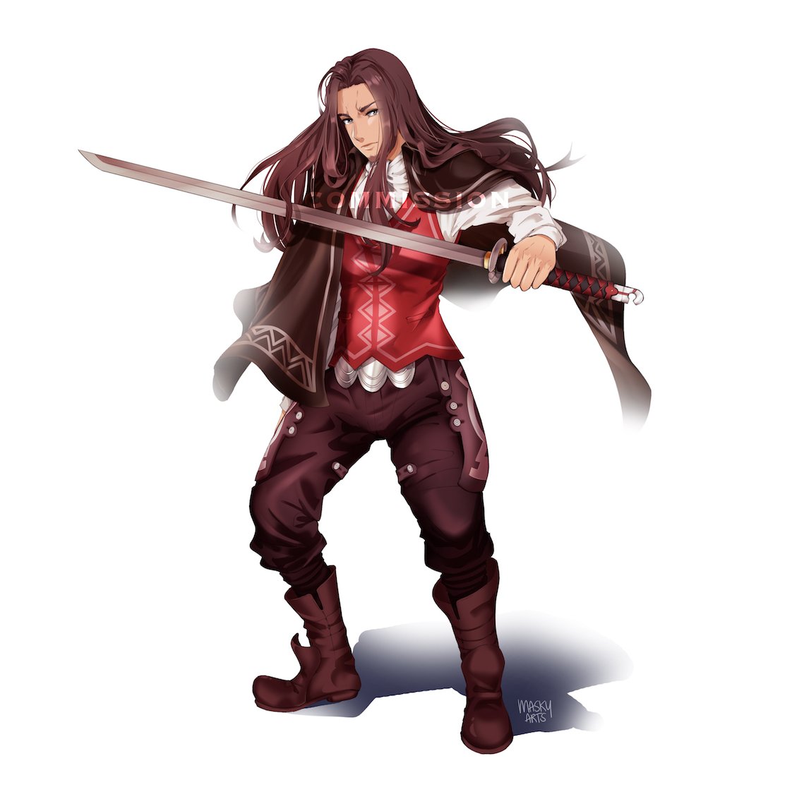 1boy beard brown_footwear dunban facial_hair full_body holding holding_sword holding_weapon katana left-handed long_hair looking_at_viewer maskyarts red_vest simple_background solo sword vest waistcoat weapon white_background xenoblade_(series) xenoblade_1