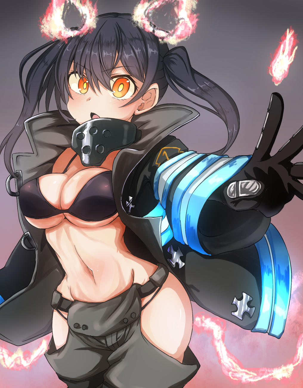 1girl :o baggy_pants bangs bikini black_bikini black_coat black_gloves black_hair blush breasts cleavage coat collar commentary_request cowboy_shot en'en_no_shouboutai eyebrows_visible_through_hair fiery_ears fiery_tail fire gloves grey_background grey_pants groin hair_between_eyes highres hip_vent long_hair long_sleeves looking_at_viewer medium_breasts metal_gloves midriff navel ocha_no_mae open_clothes open_coat open_mouth pants sidelocks simple_background solo standing swimsuit tail tamaki_kotatsu twintails underboob yellow_eyes
