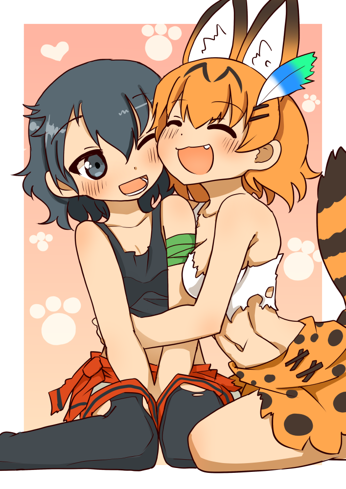 2girls 370ml :3 :d ;d animal_ears bandaged_arm bandages bangs black_eyes black_hair black_legwear black_shirt blonde_hair breasts closed_eyes clothes_around_waist commentary_request dress eyebrows_visible_through_hair fang feathers hair_feathers happy hug kaban_(kemono_friends) kemono_friends leaning_forward looking_at_another medium_breasts miniskirt multiple_girls navel no_hat no_headwear one_eye_closed open_mouth outside_border pantyhose paw_print red_shirt serval_(kemono_friends) serval_ears serval_print serval_tail shirt shirt_around_waist short_hair shorts sitting skirt smile striped_tail tail tank_top torn_clothes torn_legwear torn_shirt wariza white_shirt yellow_dress yuri