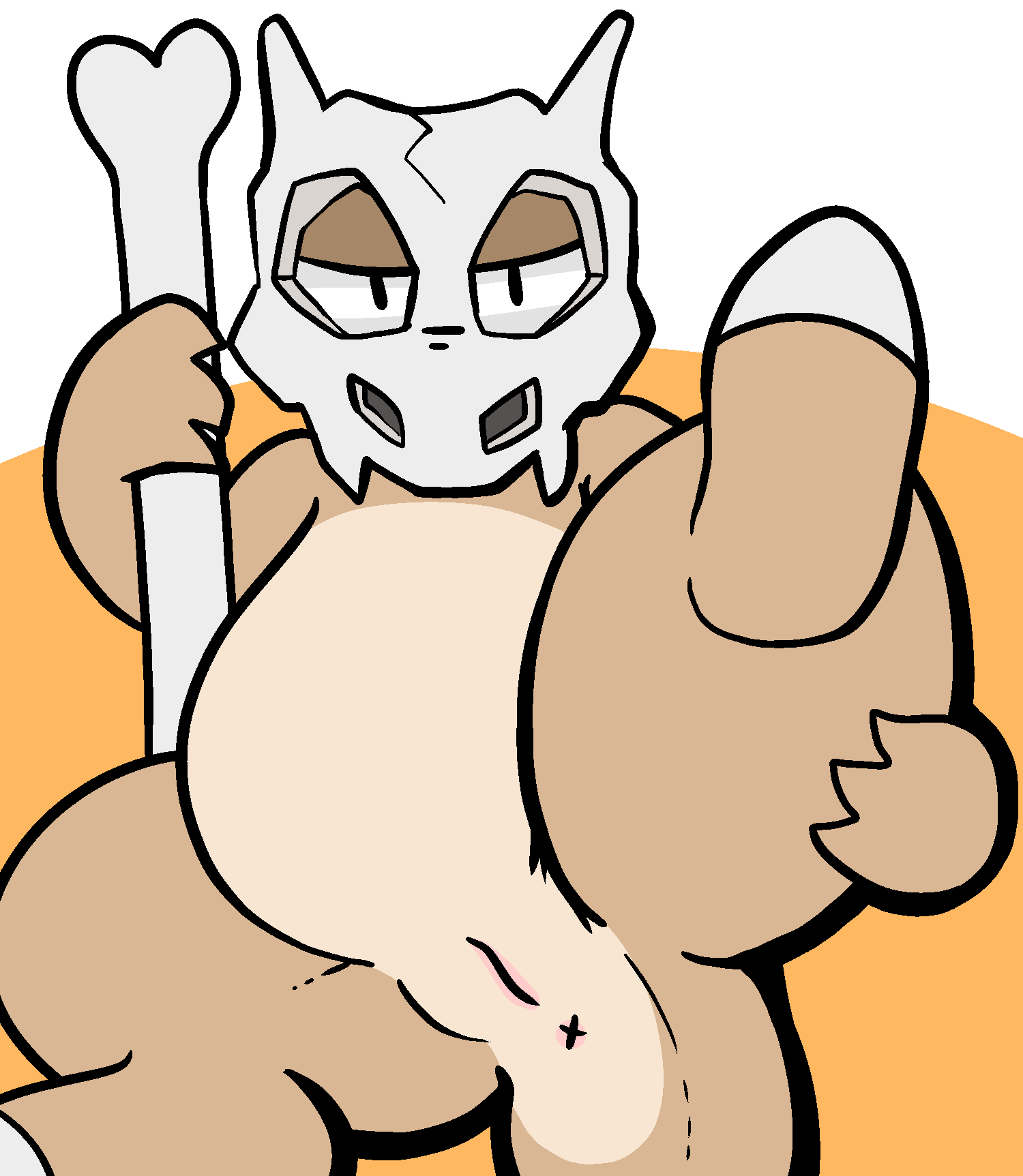 1_toe 2020 3_fingers aliasing alpha_channel anus belly bone butt cubone digital_media_(artwork) female feral fingers genitals half-closed_eyes hi_res holding_object holding_weapon lying mask multicolored_body narrowed_eyes nintendo on_back pok&eacute;mon pok&eacute;mon_(species) presenting presenting_hindquarters pussy simple_background skull skull_mask solo tan_body thick_thighs trout_(artist) two_tone_body video_games weapon white_body x_anus