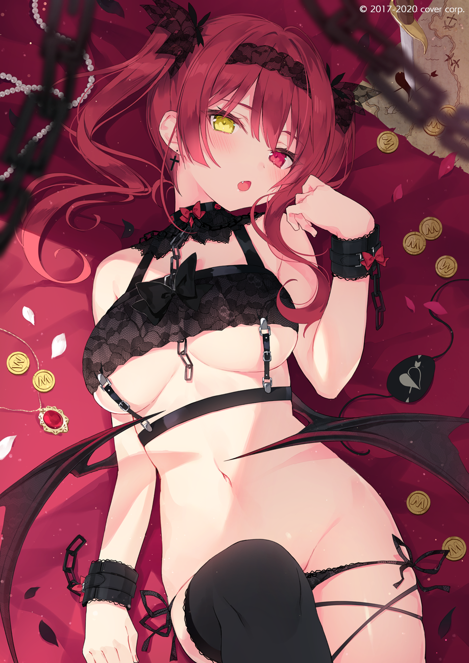 1girl :o banned_artist bare_shoulders black_bra black_legwear black_panties blurry bra breasts chain cuffs demon_wings depth_of_field detached_collar earrings eyepatch eyepatch_removed fang groin hairband handcuffs heterochromia highres hololive houshou_marine jewelry large_breasts lingerie long_hair looking_at_viewer lying navel necklace on_back open_mouth panties red_eyes red_hair rurudo side-tie_panties solo stomach strap string_panties thighhighs twintails underboob underwear underwear_only virtual_youtuber wings yellow_eyes