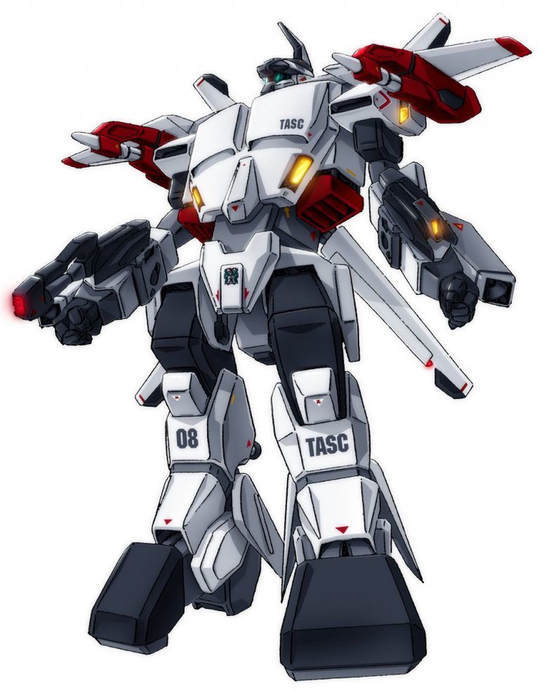 1980s_(style) antennae arm_cannon artist_request auroran choujikuu_kidan_southern_cross emblem energy_gun lights machinery mecha missile missile_pod official_style oldschool redesign robotech science_fiction simple_background sketch solo southern_cross tasc thrusters weapon