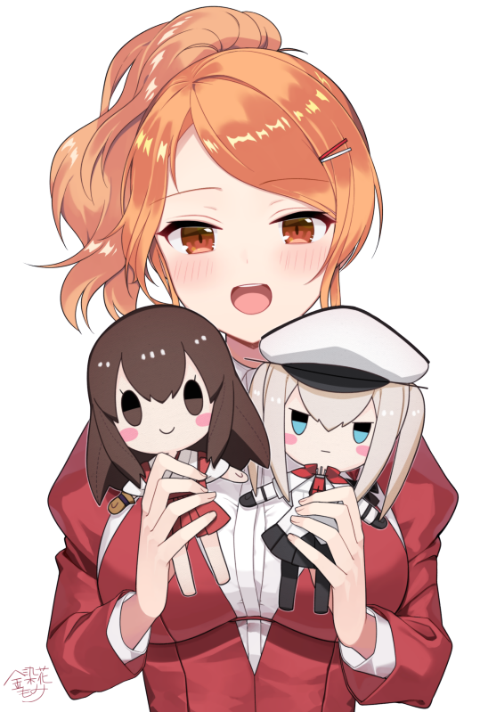 1girl :d akagi_(kantai_collection) aquila_(kantai_collection) artist_name blush breasts brown_eyes character_doll graf_zeppelin_(kantai_collection) high_ponytail jacket juliet_sleeves kantai_collection kinsenka_momi large_breasts long_sleeves open_mouth orange_hair puffy_sleeves red_jacket short_hair signature simple_background smile solo white_background