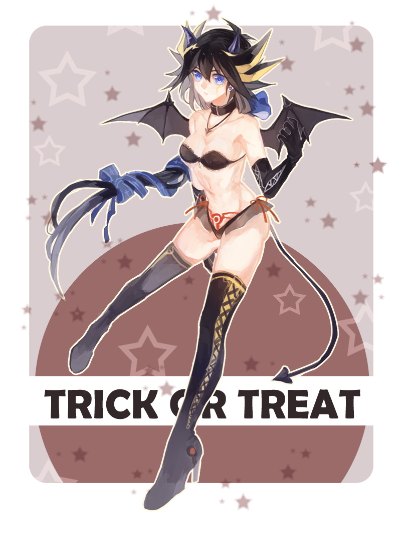 1girl ass bangs black_bra black_footwear black_gloves black_hair black_panties black_wings blue_eyes blue_ribbon boots bra breasts cleavage closed_mouth collar collarbone demon_tail demon_wings earrings elbow_gloves fudou_yuusei full_body genderswap genderswap_(mtf) gloves hair_between_eyes hair_ribbon halloween halloween_costume high_heel_boots high_heels highlights horns jewelry long_hair medium_breasts multicolored_hair necklace panties ponytail ribbon rozy solo spiked_hair star_(symbol) strapless strapless_bra tail thigh_boots thighhighs trick_or_treat underwear underwear_only very_long_hair wings yuu-gi-ou yuu-gi-ou_5d's