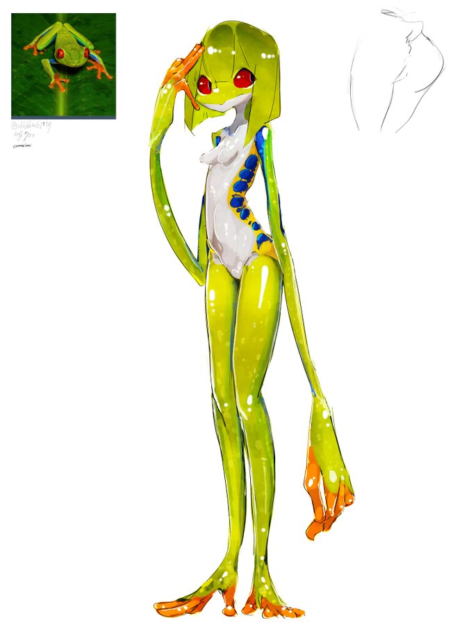 3:4 amphibian belly blue_spots breasts female frog frog_girl glistening glistening_body glistening_hair glistening_skin green_body green_hair green_skin hair humanoid long_arms looking_away menyang monster_girl_(genre) multicolored_body multicolored_skin navel orange_fingers orange_toes red_eyes reference_image reference_photo short_hair simple_background solo spots standing white_background white_belly