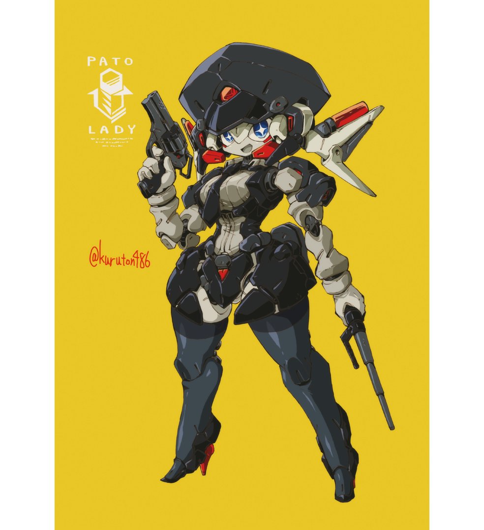 1girl baton blue_eyes breasts gun holding holding_gun holding_weapon kuruton486 large_breasts looking_at_viewer necktie no_humans open_mouth original police robot smile solo twitter_username weapon