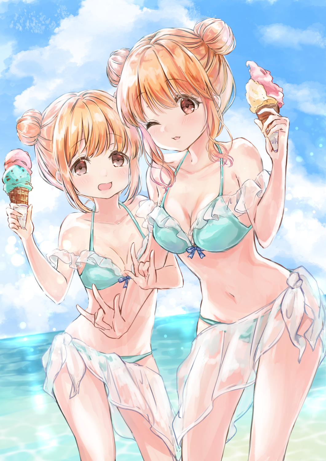 2girls \m/ alternate_hairstyle aoba_yukichi bikini blonde_hair breasts cleavage double_bun food futaba_anzu highres ice_cream idolmaster idolmaster_cinderella_girls matching_hairstyle matching_outfit moroboshi_kirari multiple_girls navel ocean orange_hair summer swimsuit