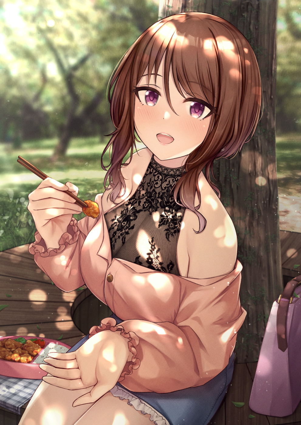 1girl :o bag bare_shoulders blue_skirt blush breasts brown_hair chopsticks cleavage commentary_request eyebrows_visible_through_hair food fou_zi frilled_skirt frills grass hair_between_eyes handbag highres lace large_breasts medium_hair miniskirt obentou off_shoulder open_mouth outdoors park princess_connect! princess_connect!_re:dive purple_eyes revision see-through shiori_(princess_connect!) shiori_(real)_(princess_connect!) sidelocks sitting skirt thighs tree