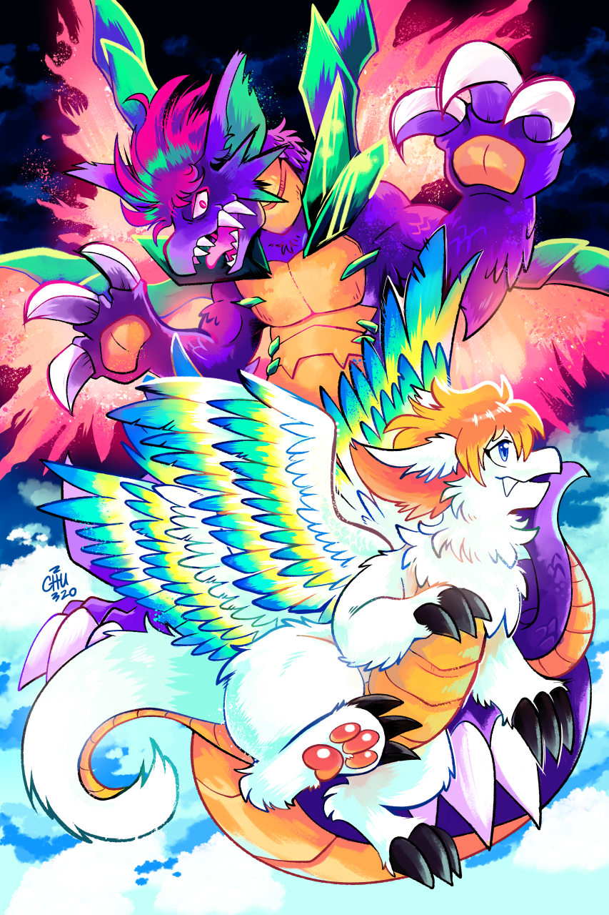 2020 ambiguous_gender belly_scales black_claws blue_eyes buckteeth claws dragon duo fangs feathered_dragon feathered_wings feathers feral flammie fur green_ears hair hi_res mana_(series) mana_beast multicolored_body multicolored_hair multicolored_wings open_mouth orange_body orange_hair orange_scales pawpads pink_eyes pink_tongue purple_body scales scalie secret_of_mana signature square_enix teeth the-chu tongue video_games white_body white_claws white_fur wings