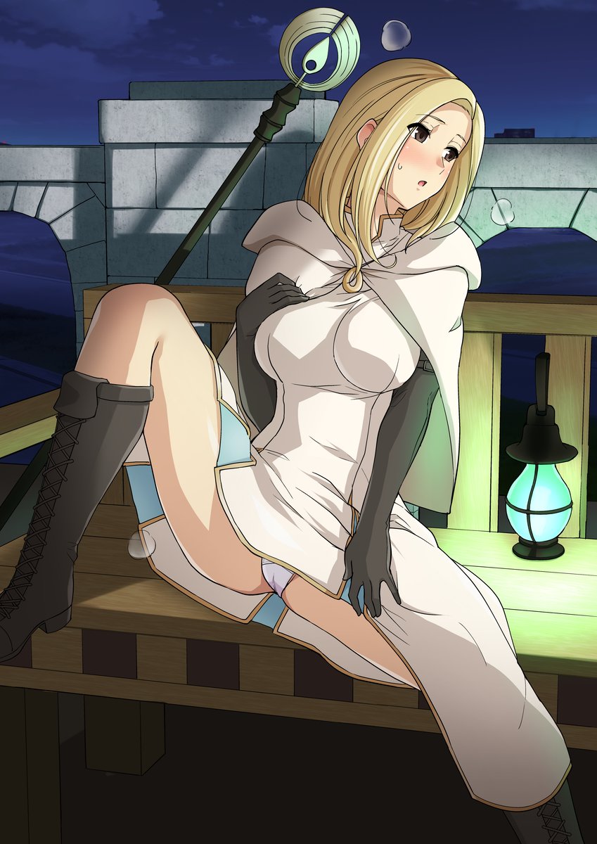 1girl :o bench black_footwear black_gloves blonde_hair blush boots breasts brown_eyes capelet dress elbow_gloves foot_up gloves hand_on_own_chest hand_on_own_thigh haruhisky highres hood hood_down hooded_capelet knee_boots lamp looking_to_the_side medium_breasts medium_dress medium_hair night night_sky octopath_traveler open_mouth ophilia_(octopath_traveler) panties pantyshot sitting sky solo spread_legs staff sweat underwear white_capelet white_dress white_panties