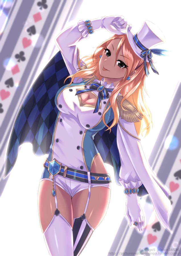 1girl :p bangs belt black_eyes blonde_hair blush breasts brown_hair cleavage cleavage_cutout dark_skin earrings epaulettes eyebrows_visible_through_hair garter_straps gloves gradient_hair gyaru hair_between_eyes hat idol idolmaster idolmaster_shiny_colors izumi_mei jewelry large_breasts long_hair long_sleeves looking_at_viewer multicolored_hair shingo_(picturepuzzle) short_shorts shorts smile solo thighhighs tongue tongue_out