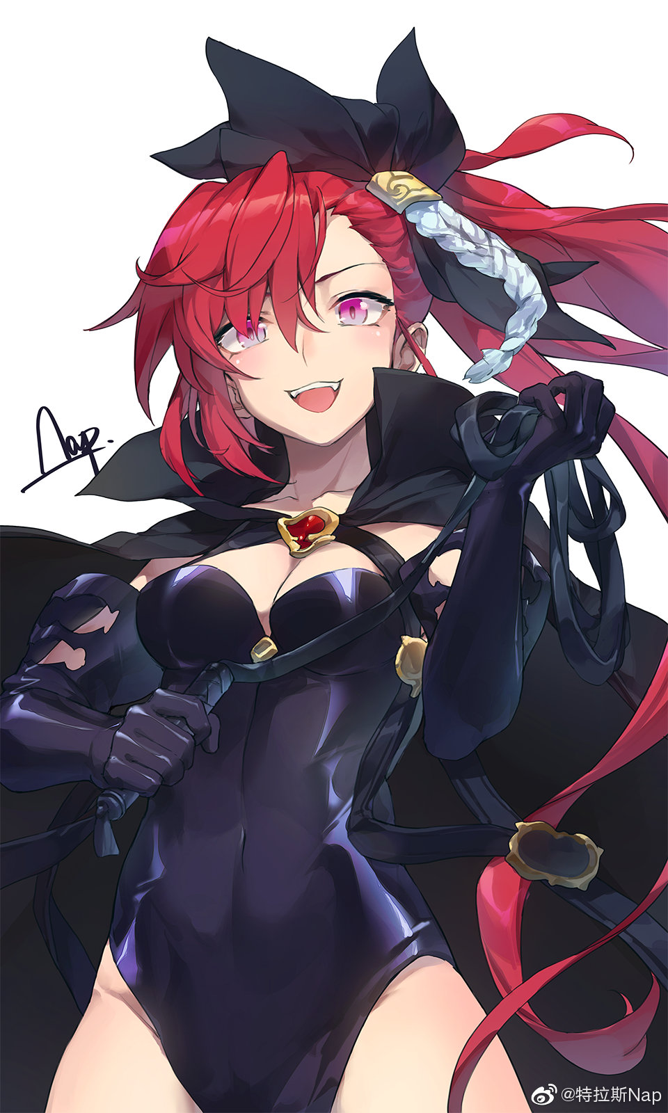 1girl :d artist_name asymmetrical_bangs bangs black_gloves breasts cape cleavage elbow_gloves fangs gloves hair_between_eyes hair_ornament highres leotard long_hair looking_at_viewer medium_breasts open_mouth pink_eyes rance_(series) red_hair satella side_ponytail signature simple_background smile solo ttnap very_long_hair weibo_username whip