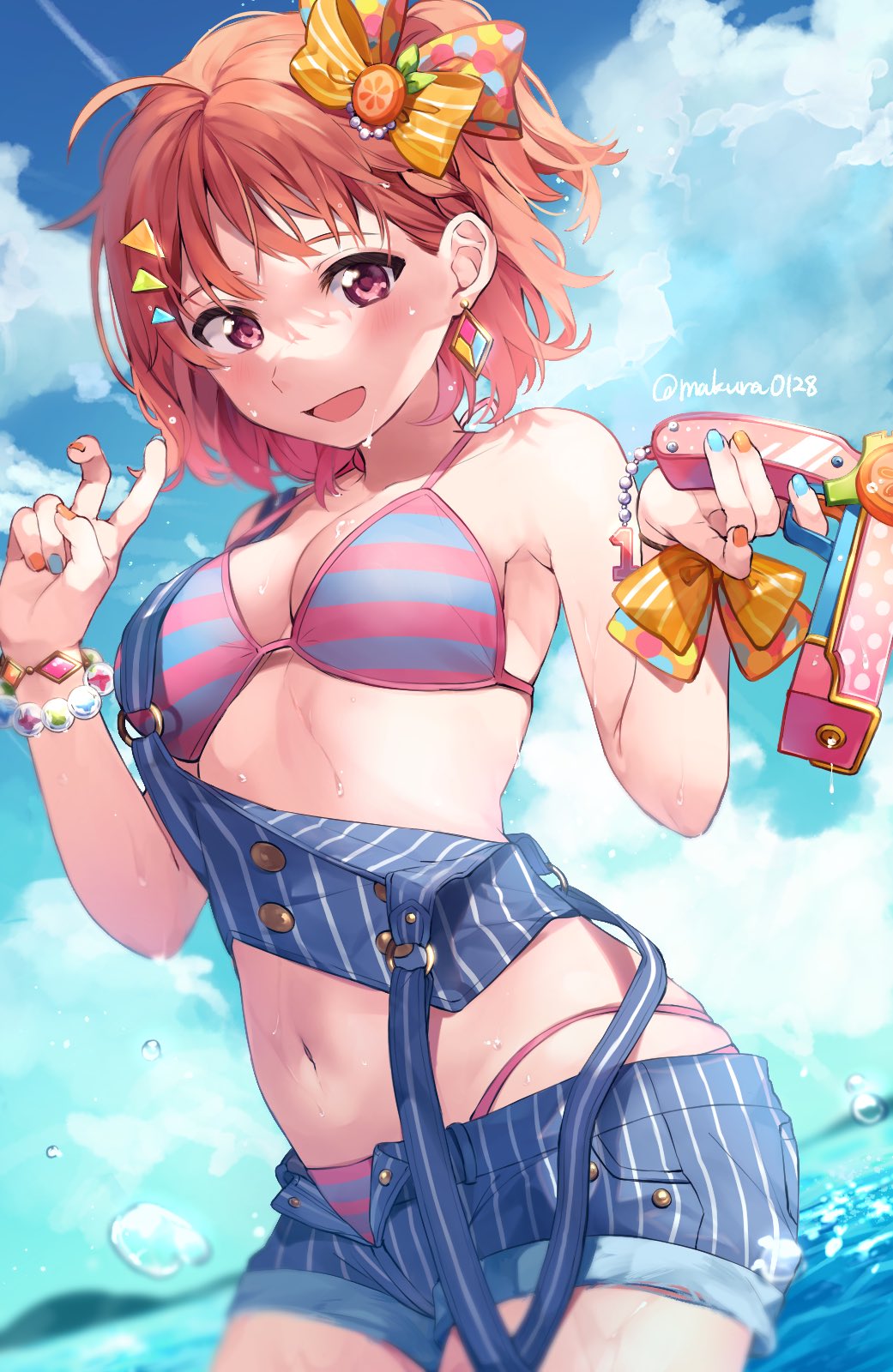 1girl :d ahoge bangs bikini bikini_under_clothes blue_nails blue_shorts bow bracelet breasts commentary_request day earrings food_themed_hair_ornament hair_bow hair_ornament hairclip halterneck highres holding holding_water_gun jewelry looking_at_viewer love_live! love_live!_sunshine!! makura_(makura0128) multicolored navel open_fly open_mouth orange_bow orange_hair orange_hair_ornament orange_nails outdoors print_bow red_eyes short_hair short_shorts shorts small_breasts smile solo striped striped_bikini striped_bow suspenders_hanging swimsuit takami_chika triangle_hair_ornament twitter_username v vertical-striped_shorts vertical_stripes water water_gun wrist_bow