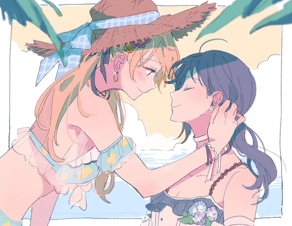 2girls ahoge bang_dream! bangs beach bikini blonde_hair blue_bikini blush bracelet choker closed_eyes commentary_request corsage earrings face-to-face from_side hair_tucking hat hat_ribbon jewelry korean_commentary lemon_print long_hair looking_at_another multiple_girls necklace print_bikini res2shuu ribbon seta_kaoru shirasagi_chisato straw_hat swimsuit white_choker yuri