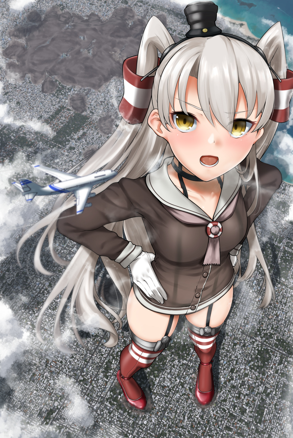 1girl aircraft airplane amatsukaze_(kantai_collection) black_choker blush brown_dress choker cloud destruction dress footprints from_above garter_straps giantess gloves hair_tubes hands_on_hips hat highres kantai_collection long_hair long_sleeves looking_at_viewer mini_hat open_mouth rakia_(ds00309) red_legwear sailor_collar sailor_dress silver_hair size_difference solo standing striped striped_legwear thighhighs twintails very_long_hair white_gloves windsock yellow_eyes