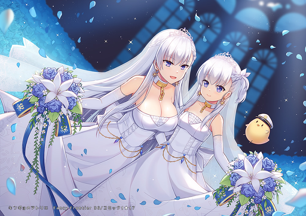 azur_lane belchan_(azur_lane) belfast_(azur_lane) belfast_(claddagh_ring's_vow)_(azur_lane) bouquet braid bridal_veil bride chain commentary_request dress falling_petals flower french_braid gold gold_chain holding holding_bouquet indoors manjuu_(azur_lane) siblings silver_collar sisters strapless strapless_dress tiara tsouchinyu veil wedding wedding_dress window