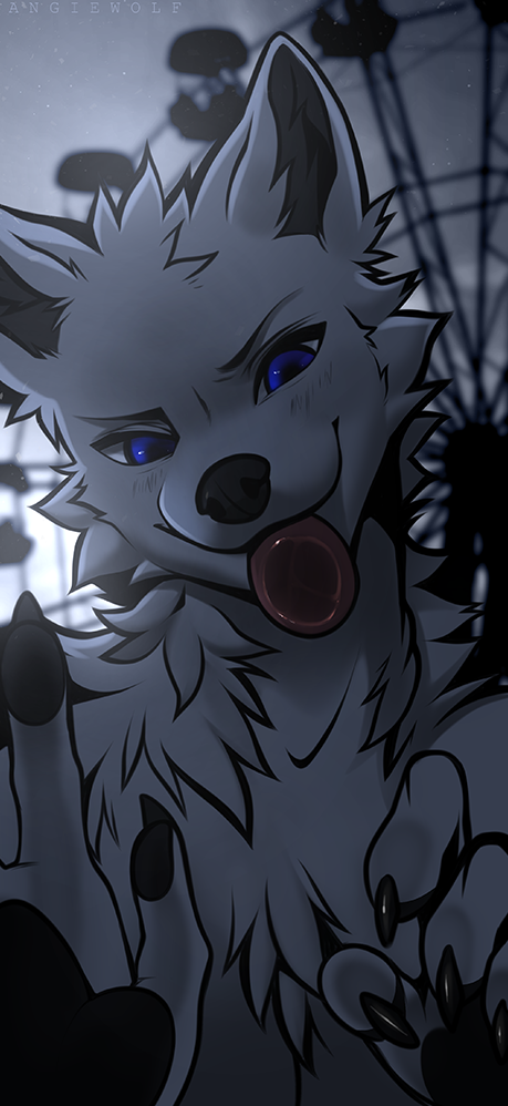 2020 angiewolf anthro black_nose canid canine day detailed_background digital_media_(artwork) fur looking_at_viewer male mammal outside sky solo tongue white_body white_fur