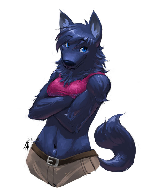 2015 anthro blue_body blue_eyes blue_fur bottomwear bra breasts canid canine canis clothing crossed_arms dogbomber female fur mammal navel pants simple_background smile solo underwear white_background wolf