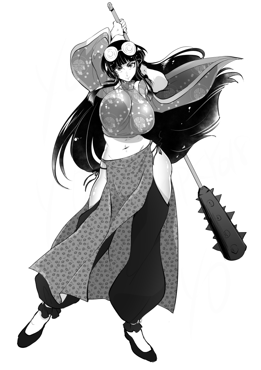 1girl arms_up bangs blunt_bangs breasts chinese_clothes club coke-bottle_glasses commentary_request contrapposto crop_top curvy detached_leggings eyewear_on_head flats floral_print full_body genderswap genderswap_(mtf) glasses greyscale high_contrast highres holding holding_weapon huge_breasts huge_weapon kanabou long_hair looking_at_viewer marimo_(yousei_ranbu) midriff monochrome mousse navel panties pelvic_curtain ranma_1/2 round_eyewear side-tie_panties solo spiked_club standing underwear weapon weapon_on_back wide_sleeves