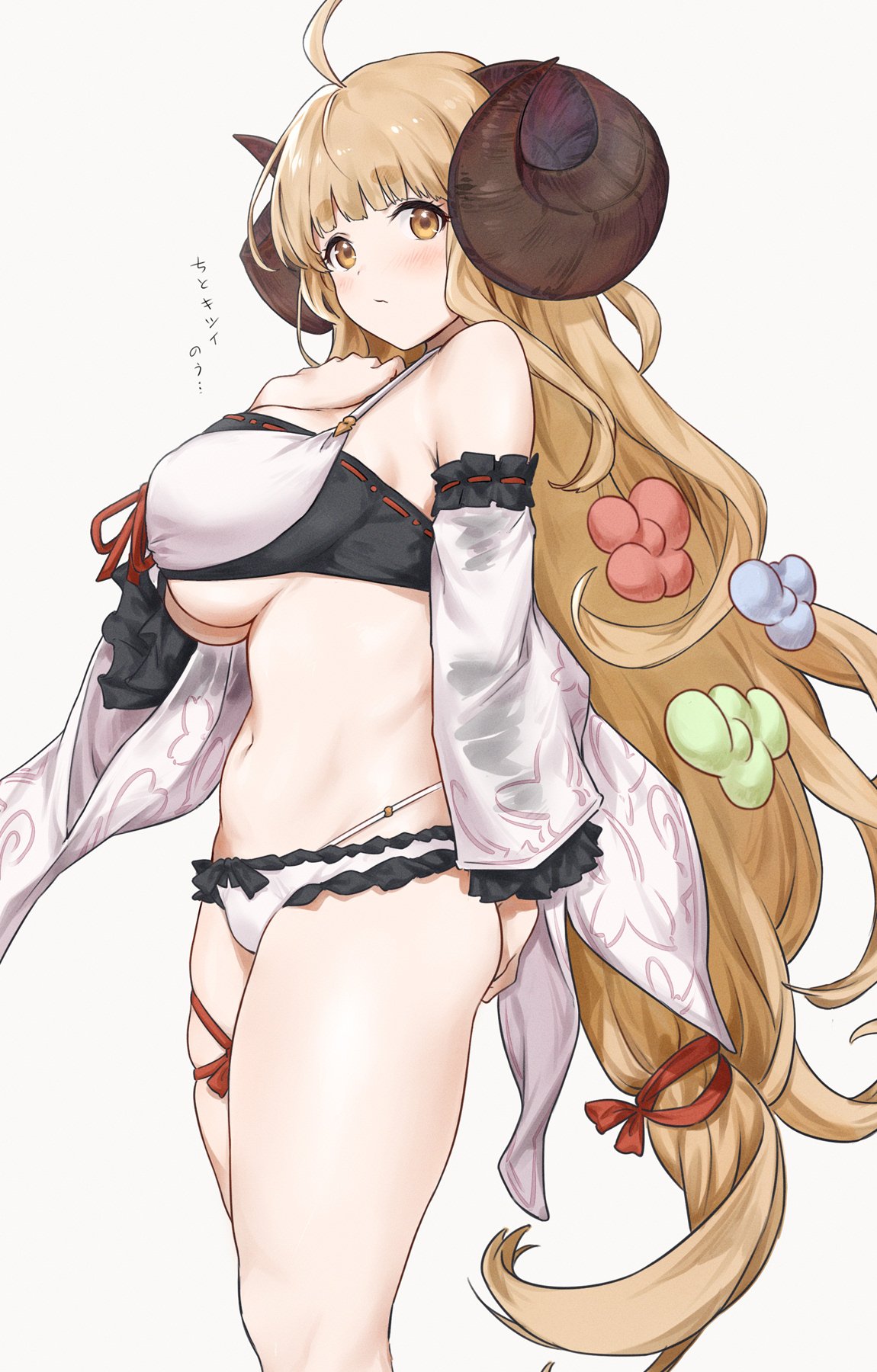 1girl ahoge anila_(granblue_fantasy) bikini blonde_hair blush breasts commentary_request draph frills from_side granblue_fantasy hair_ornament highres horns large_breasts long_hair looking_at_viewer multicolored multicolored_bikini multicolored_clothes red_ribbon ribbon saboten sheep_horns sleeveless solo swimsuit thigh_strap thighs translation_request underboob very_long_hair yellow_eyes