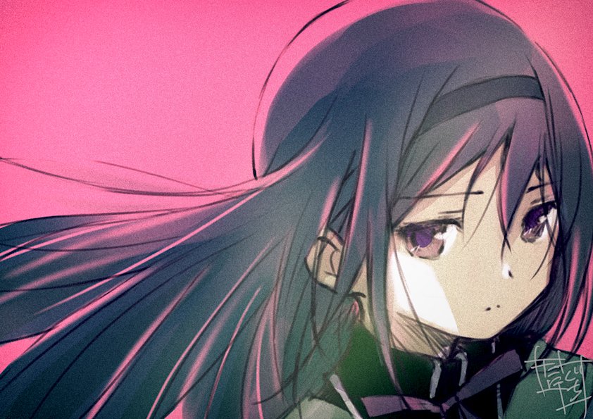 1girl akemi_homura black_hair black_hairband black_outline close-up closed_mouth dot_nose expressionless eyebrows_visible_through_hair face facing_viewer floating_hair hair_between_eyes hairband half-closed_eyes high_collar long_hair looking_to_the_side mahou_shoujo_madoka_magica neck_ribbon outline pink_background purple_eyes purple_ribbon ribbon shaded_face signature simple_background solo straight_hair taniguchi_jun'ichirou tareme upper_body