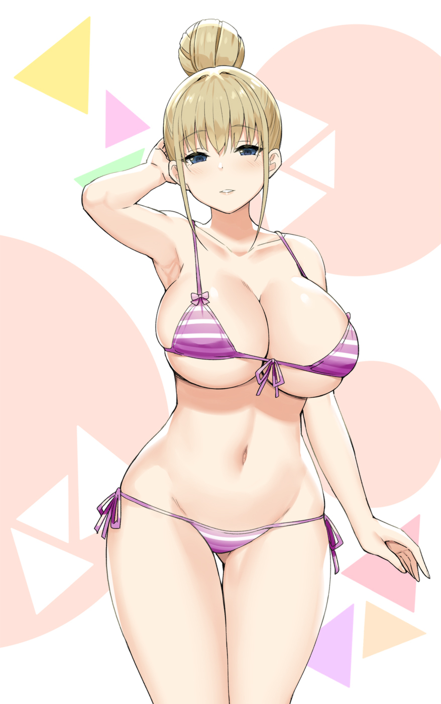 1girl arm_behind_head arm_up armpits bangs bare_arms bare_shoulders bikini blonde_hair blue_eyes breasts cleavage collarbone commentary_request cowboy_shot eyebrows_visible_through_hair front-tie_top hair_bun hair_bun_onee-san_(sky_(freedom)) hand_behind_head highres large_breasts looking_at_viewer navel original parted_lips purple_bikini side-tie_bikini sidelocks sky_(freedom) standing striped striped_bikini swimsuit thighs underboob