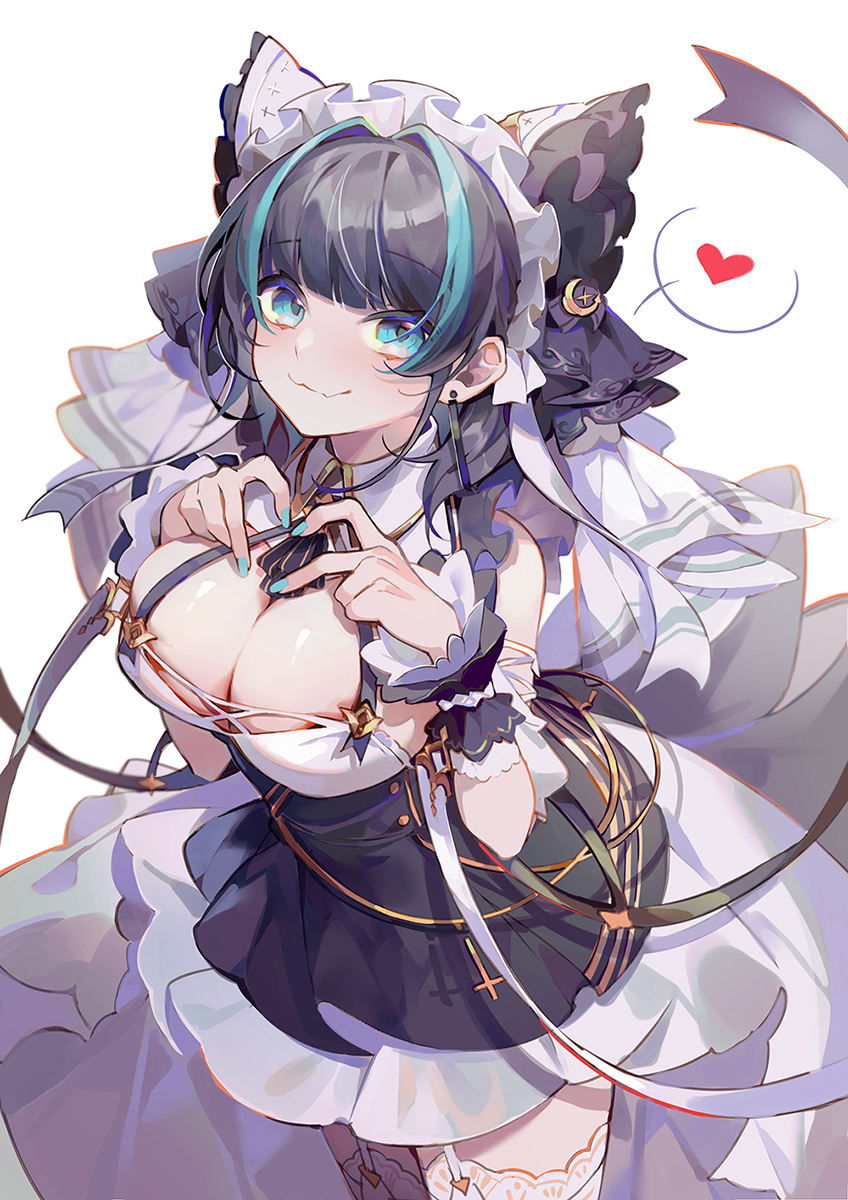 1girl arm_up azur_lane bangs black_dress black_hair blue_eyes blue_hair blue_nails blunt_bangs breasts cheshire_(azur_lane) cleavage closed_mouth commentary cowboy_shot cuffs detached_sleeves dress earrings eyebrows_visible_through_hair garter_straps heart heart_hands highres jewelry large_breasts looking_at_viewer maid_headdress medium_hair moon_(ornament) multicolored_hair nail_polish ribbon simple_background smile streaked_hair thighhighs turkey_(weave7769) white_background white_legwear white_ribbon