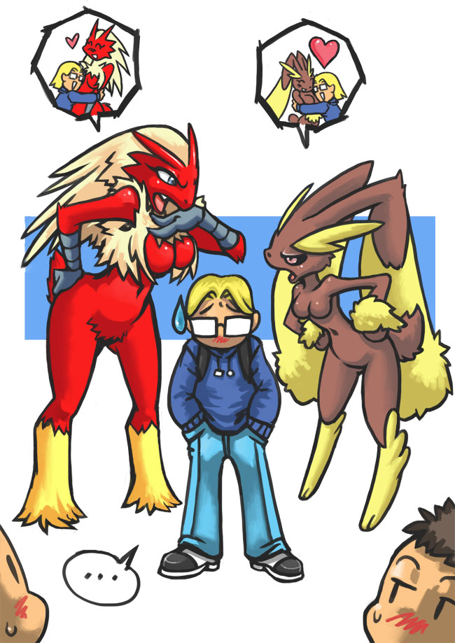 &lt;3 angry anthro avian backpack bird bittenhard black_nose black_sclera blaziken blonde_hair blue_clothing blush bodily_fluids bottomwear breasts brown_body brown_fur chicken claws clothing crotch_fluff ellipses eyewear feathers female footwear fur galliform gallus_(genus) glasses glistening glistening_body group hair hands_in_pockets hug human lagomorph leporid lopunny male mammal navel nice_shoes nintendo open_mouth pants phasianid pink_eyes pockets pok&eacute;mon pok&eacute;mon_(species) rabbit red_body red_feathers shoes speech_bubble sweat sweatdrop sweater text topwear upset video_games white_clothing white_footwear white_shoes wrist_fluff yellow_body yellow_feathers yellow_fur