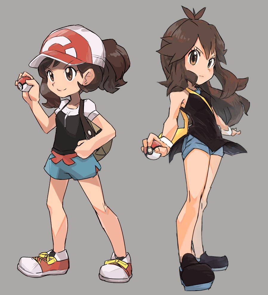 ayumi_(pokemon) backpack bag baseball_cap black_shirt blue_(pokemon) breasts brown_eyes brown_hair closed_mouth hat holding long_hair looking_at_viewer multiple_girls nyonn24 poke_ball pokemon pokemon_(game) pokemon_lgpe ponytail shirt short_hair short_shorts shorts simple_background smile