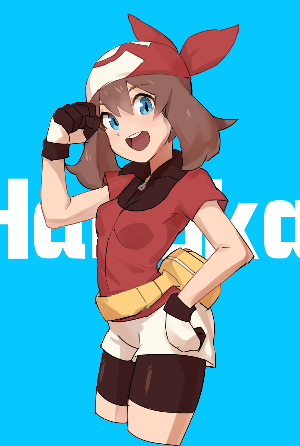 1girl :d bangs bike_shorts black_shorts blue_background blue_eyes breasts brown_hair character_name cowboy_shot cropped_legs eyebrows_visible_through_hair hair_between_eyes hand_on_hip haruka_(pokemon) highres jacket long_hair nyonn24 open_mouth pokemon pokemon_(game) pokemon_rse red_bandana red_jacket shiny shiny_hair short_shorts short_sleeves shorts shorts_under_shorts simple_background small_breasts smile solo standing twintails white_shorts