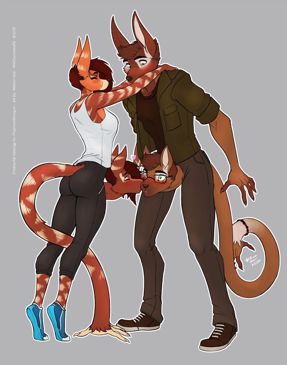 anthro blush crotch_head duo eyewear female glasses hi_res kalasian kissing male male/female tail_hand wmdiscovery93 yoga_pants