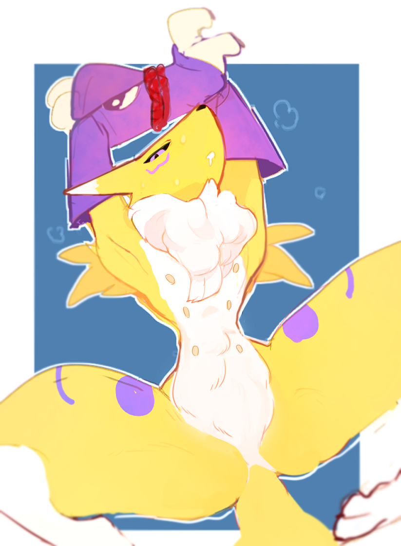 6_nipples anthro arms_tied blue_background bodily_fluids border bound digimon digimon_(species) female fur mostly_nude multi_nipple nipples paperclip_(artist) renamon simple_background solo sweat sweatdrop white_body white_border white_fur yellow_body yellow_fur