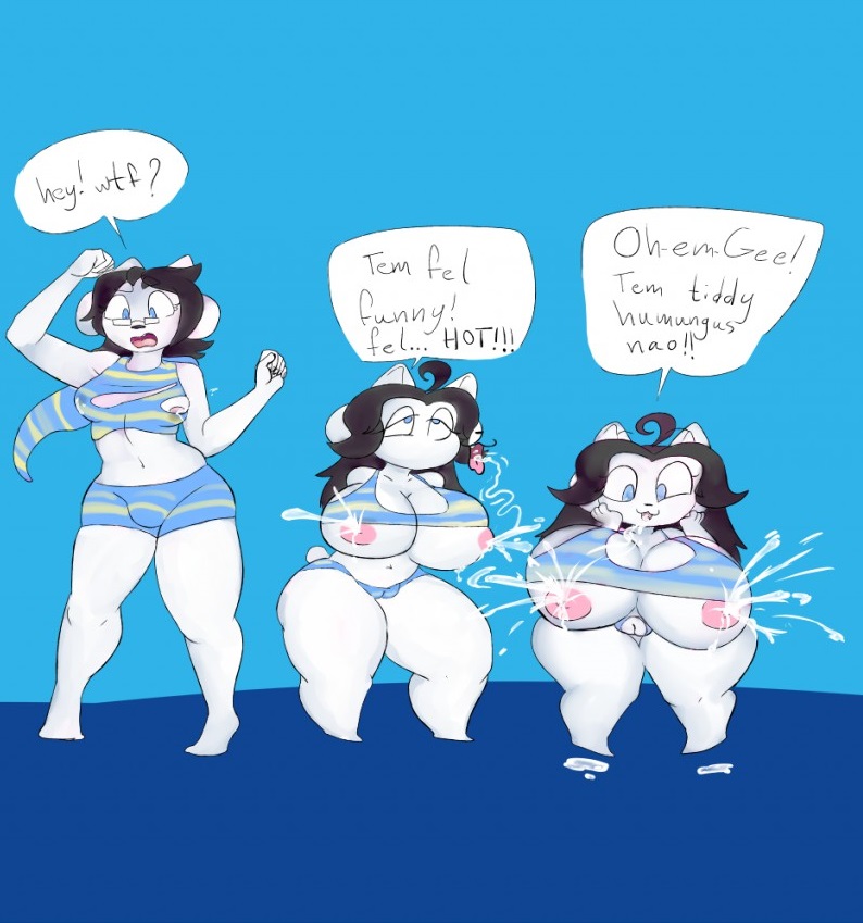 bodily_fluids breasts canid canine clothed clothing female fur genitals hair lactating limebeatzafterdark mammal milk nipples open_mouth pussy simple_background solo tem temmie_(undertale) undertale video_games white_body white_fur