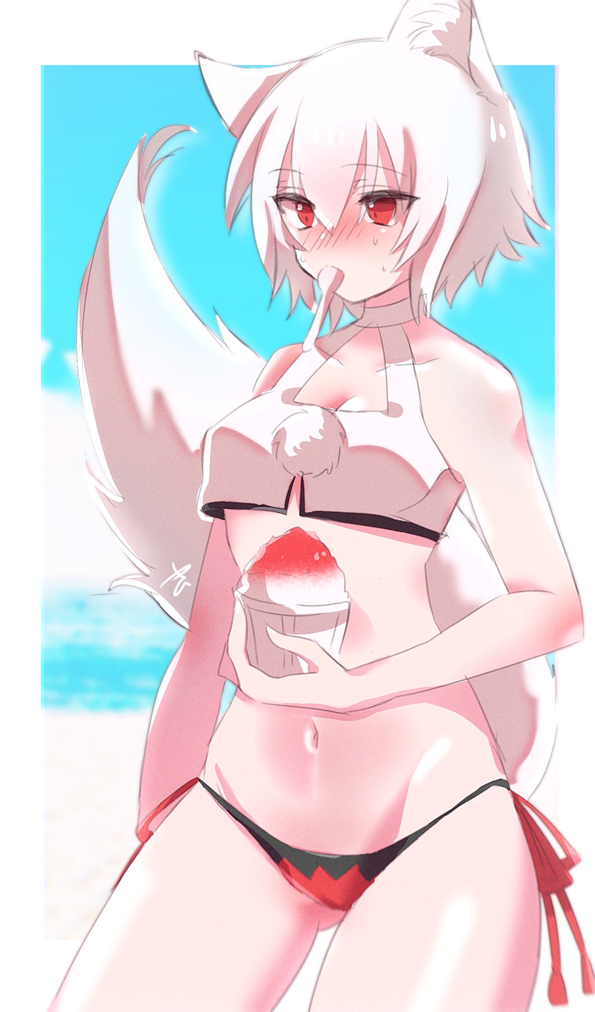 animal_ears ass_visible_through_thighs beach bikini blush breasts cloud eyebrows_visible_through_hair food highres holding holding_food inubashiri_momiji mouth_hold navel no_hat no_headwear ocean pom_pom_(clothes) red_eyes shaved_ice side-tie_bikini sky small_breasts spoon spoon_in_mouth sweat swimsuit tail touhou tsukihin white_hair white_tail wolf_ears wolf_girl wolf_tail