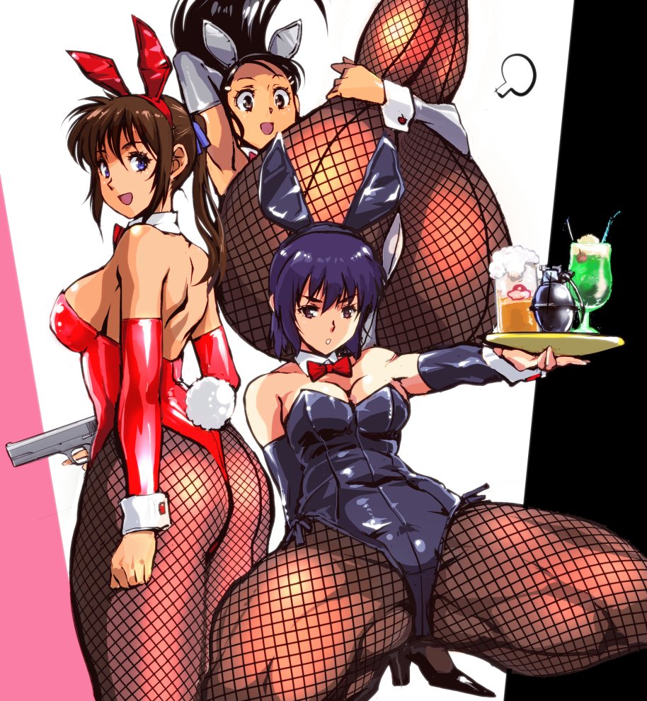 3girls animal_ears armpits ass bare_shoulders black_hair black_leotard blue_eyes bow bowtie breasts brown_eyes brown_hair bunny_day bunny_ears bunny_girl bunny_tail bunnysuit cleavage cup detached_collar detached_sleeves drinking_glass explosive eyebrows_visible_through_hair fake_animal_ears falling fishnet_legwear fishnets grenade groin gun hair_ornament hairclip hand_behind_head handgun high_heels leotard looking_at_viewer looking_back multiple_girls open_mouth original pistol ponytail purple_eyes purple_hair red_leotard side-tie_leotard sidelocks smile soda spread_legs squatting strapless strapless_leotard tail tan tray weapon white_leotard wrist_cuffs yuya