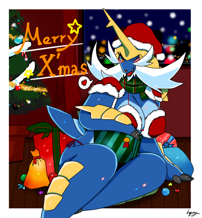 &lt;3 anthro blue_body blush bra breasts christmas christmas_tree claws cleavage clothed clothing fangs female gearfactory gift gift_box hat headgear headwear holidays looking_at_viewer lying merry_christmas nintendo one_eye_closed open_mouth pok&eacute;mon pok&eacute;mon_(species) red_bra red_clothing red_underwear samurott santa_hat scarf smile snow snowing solo teeth text tree underwear video_games wink