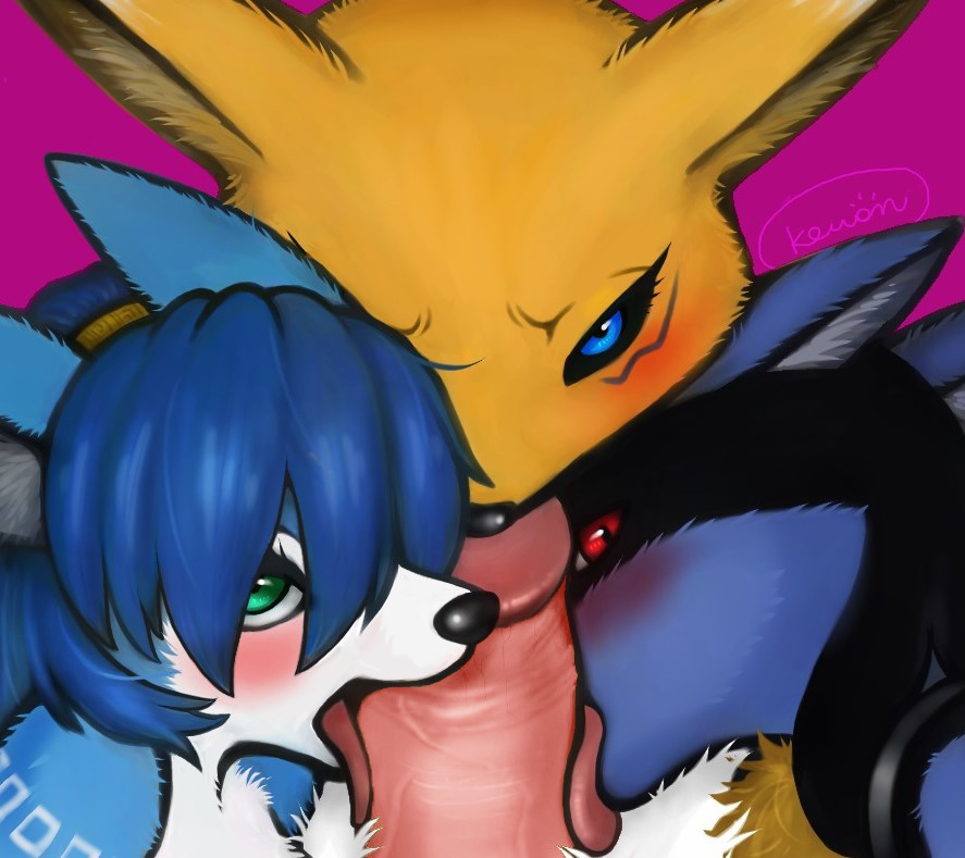 2016 accessory anthro anthro_penetrated black_body black_fur blue_body blue_eyes blue_fur blue_hair blush canid canine collaborative_fellatio color_edit colored crossover digimon digimon_(species) digiphilia edit erection fellatio female female_penetrated first_person_view foursome fox fur genitals green_eyes group group_sex hair headband human human_on_anthro human_penetrating human_penetrating_anthro human_penetrating_female humanoid_genitalia humanoid_penis interspecies kewon krystal licking looking_at_viewer lucario male male/female male_on_anthro male_penetrating male_penetrating_anthro male_penetrating_female male_pov mammal multicolored_body multicolored_fur nintendo oral penetration penile penis penis_lick pok&eacute;mon pok&eacute;mon_(species) pok&eacute;philia red_eyes renamon retracted_foreskin sex signature star_fox text tongue tongue_out uncut video_games white_body white_fur yellow_body yellow_fur