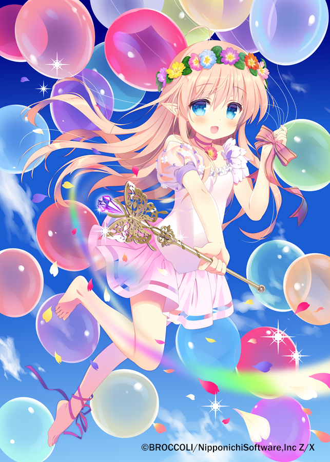 1girl :d balloon bangs barefoot blue_eyes blue_flower blue_sky blush cloud commentary_request copyright_name crystal day eyebrows_visible_through_hair flower flower_wreath full_body hair_between_eyes head_wreath holding holding_wand light_brown_hair long_hair looking_at_viewer open_mouth outdoors pink_flower pink_skirt pleated_skirt pointy_ears puffy_short_sleeves puffy_sleeves purple_flower rainbow red_flower red_ribbon ribbon santa_matsuri see-through see-through_sleeves shirt short_sleeves skirt sky smile solo very_long_hair wand white_shirt yellow_flower z/x