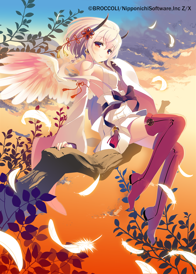1girl bangs bare_shoulders blush boots bow breasts brown_bow brown_sky character_request closed_mouth cloud commentary_request detached_sleeves eyebrows_visible_through_hair feathered_wings gradient_sky hair_between_eyes high_ponytail horns in_tree japanese_clothes kimono long_sleeves official_art outdoors pleated_skirt ponytail red_eyes red_footwear red_legwear santa_matsuri sitting sitting_on_branch skirt sky sleeveless sleeveless_kimono sleeves_past_fingers sleeves_past_wrists small_breasts smile solo sunset thigh_boots thighhighs tree tree_branch watermark white_bow white_feathers white_hair white_kimono white_skirt white_sleeves white_wings wide_sleeves wings z/x