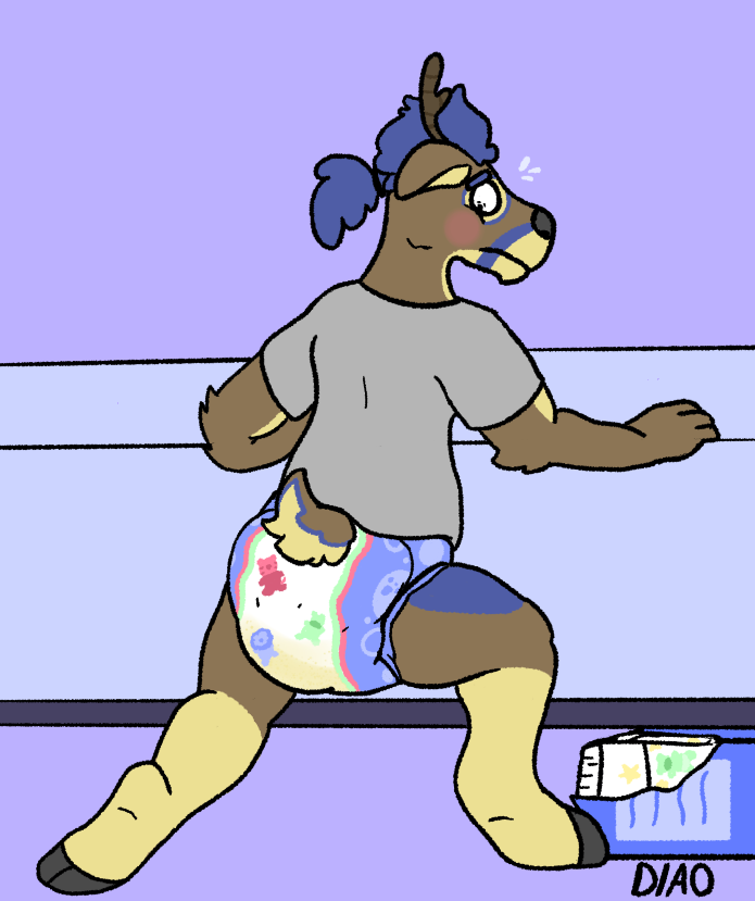 anthro antlers blue_body blue_fur blue_hair blush bodily_fluids brown_body brown_fur cervid deer_in_a_onesie_(artist) diaper diaper_package embarrassed feces fur genital_fluids hair horn looking_back male mammal messy_diaper shocked soiling solo urine watersports wet_diaper wetting wetting_diaper