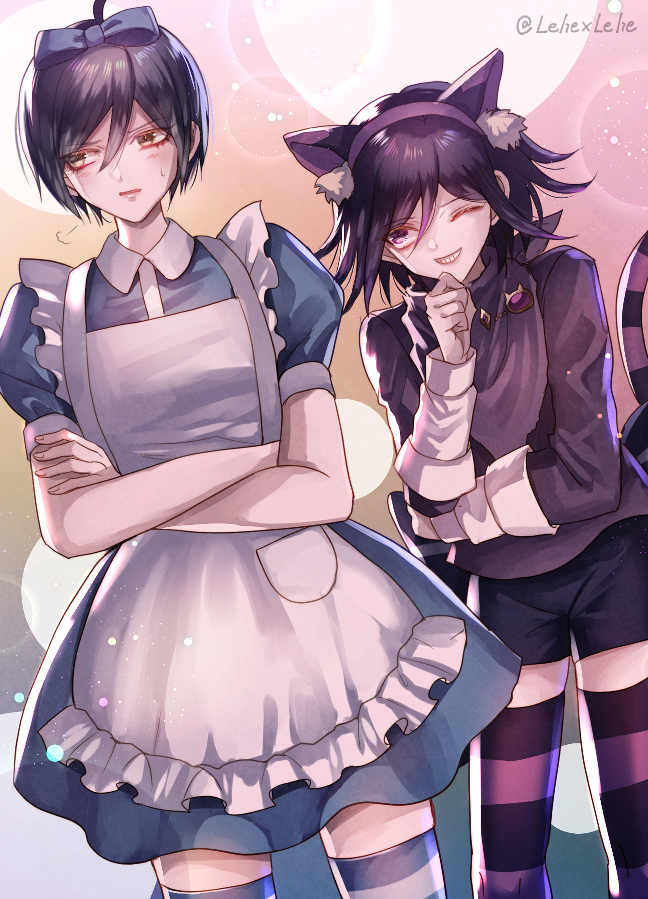 2boys alice_(wonderland) alice_(wonderland)_(cosplay) alice_in_wonderland animal_ear_fluff animal_ears apron bangs black_bow black_hair black_legwear black_shorts blue_dress blue_legwear blush bow brown_eyes cat_ears cheshire_cat cheshire_cat_(cosplay) commentary_request cosplay crossdressing crossed_arms danganronpa dress fake_animal_ears gem grin hair_bow hand_on_own_chin long_sleeves maid_apron male_focus medium_hair multiple_boys new_danganronpa_v3 one_eye_closed ouma_kokichi pink_legwear puffy_short_sleeves puffy_sleeves purple_eyes purple_scarf saihara_shuuichi scarf short_sleeves shorts smile sweatdrop tail thighhighs twitter_username two-tone_legwear white_apron white_legwear z-epto_(chat-noir86)