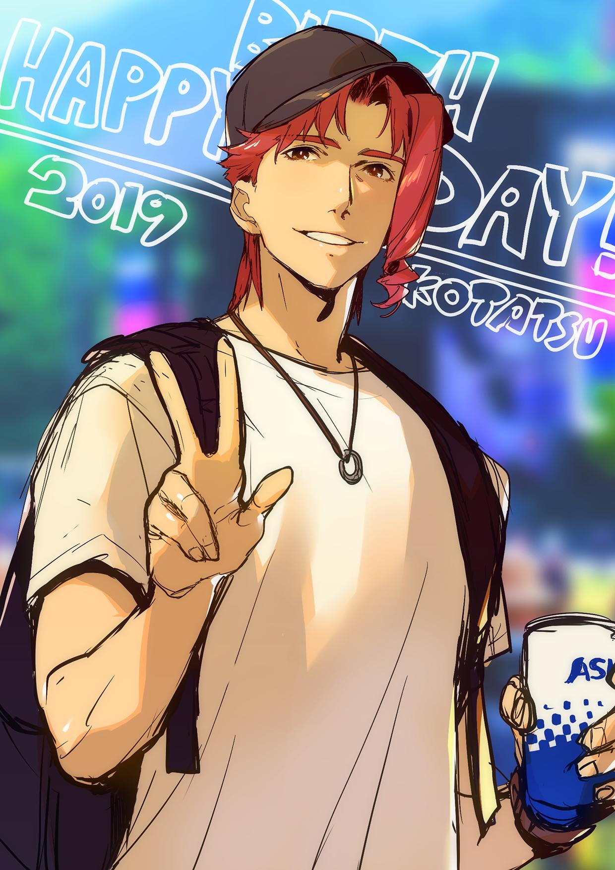 1boy artist_name backpack bag baseball_cap blurry blurry_background closed_mouth dated depth_of_field hand_up happy_birthday hat highres holding jewelry jojo_no_kimyou_na_bouken kakyouin_noriaki kotatsu_(g-rough) looking_at_viewer male_focus necklace red_eyes red_hair shirt sketch smile solo stardust_crusaders upper_body white_shirt