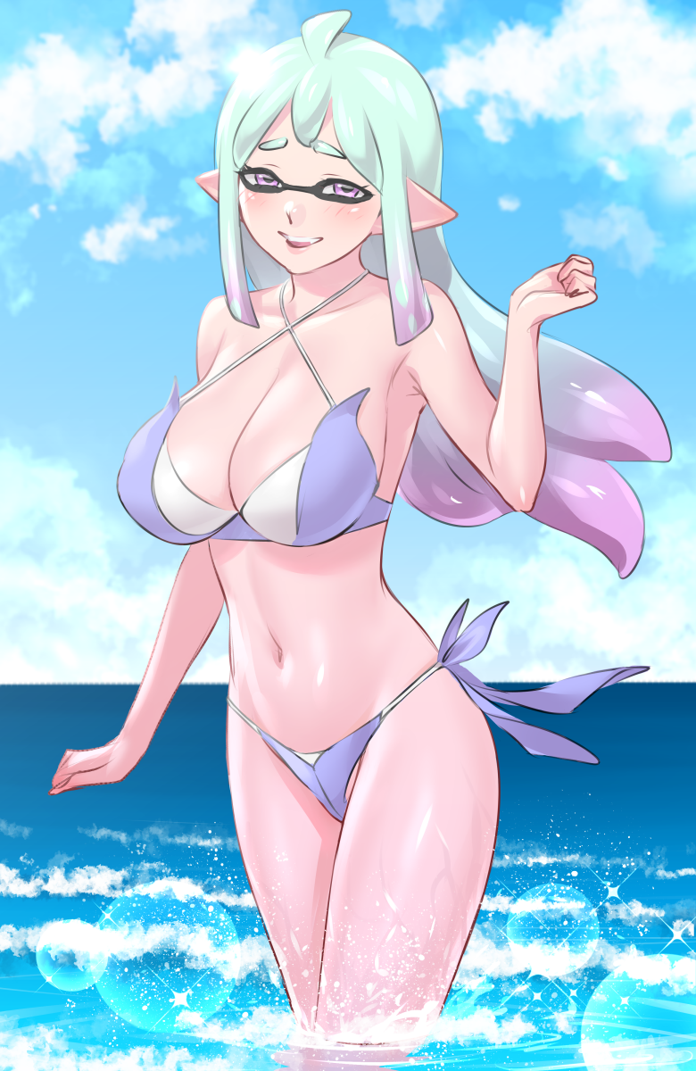 animal_humanoid bikini cephalopod cephalopod_humanoid clothing female g_brigander55 hi_res humanoid inkling looking_at_viewer marine marine_humanoid mollusk mollusk_humanoid nintendo partially_submerged purple_eyes sea solo splatoon swimwear video_games water