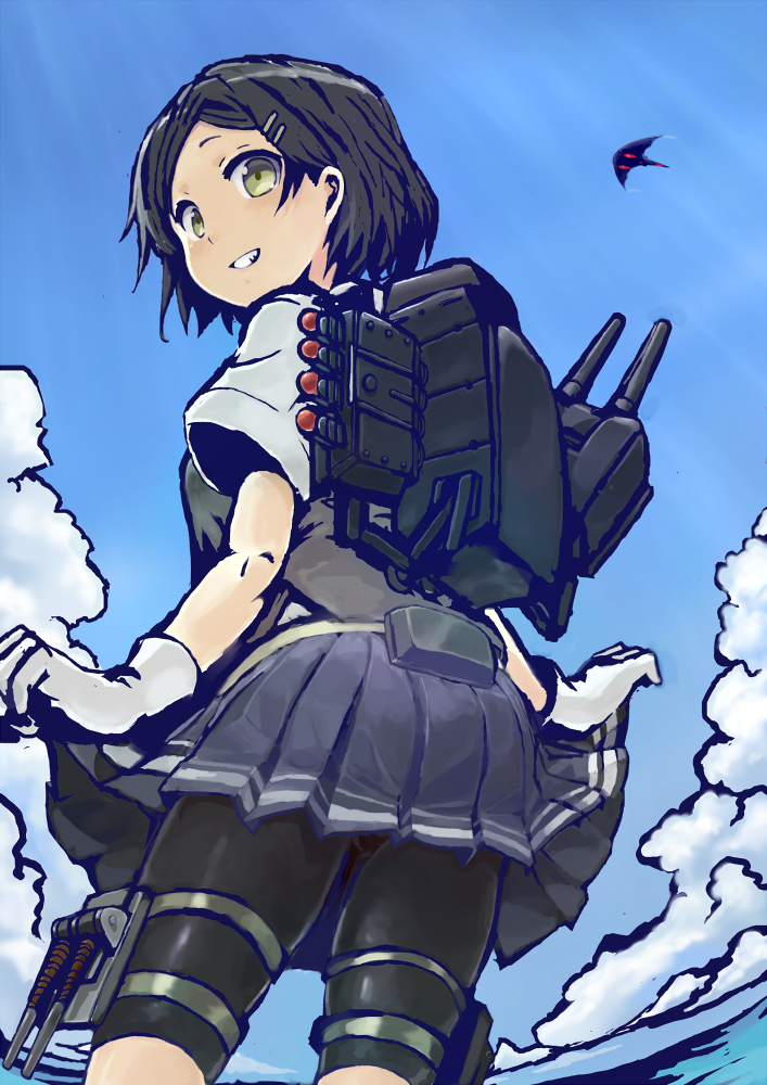 1girl bike_shorts black_hair cloud day from_below gloves grey_skirt grin hair_ornament hairclip kantai_collection kuroshio_(kantai_collection) ocean outdoors pleated_skirt rigging shirt short_hair short_sleeves shorts shorts_under_skirt skirt skirt_hold sky smile solo sowamame they're_not_panties vest water white_gloves white_shirt yellow_eyes