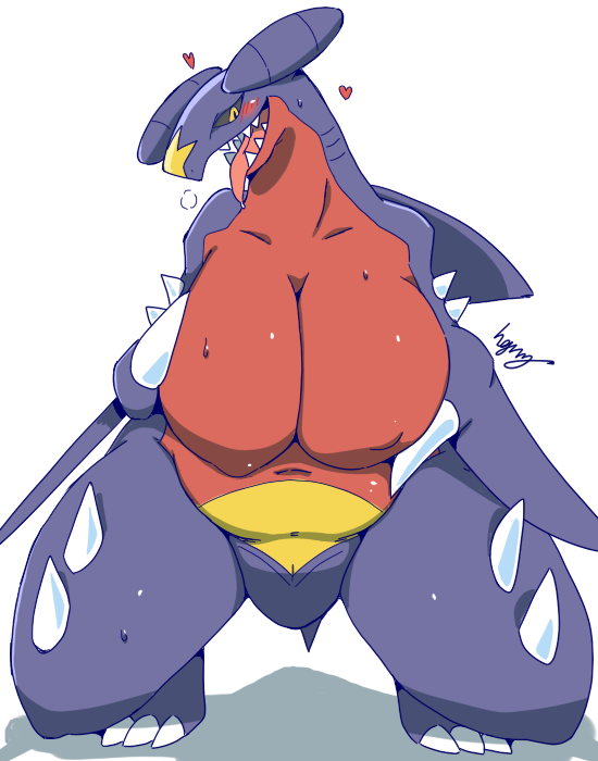 &lt;3 animal_genitalia anthro anthrofied big_breasts black_sclera blush bodily_fluids breasts curvy_figure female garchomp gearfactory genital_slit genitals gills holding_breast huge_breasts kneeling nintendo nude open_mouth pok&eacute;mon pok&eacute;mon_(species) saliva semi-anthro sharp_teeth simple_background slightly_chubby slit smile solo steam sweat teeth thick_thighs tongue tongue_out video_games voluptuous white_background wide_hips yellow_eyes