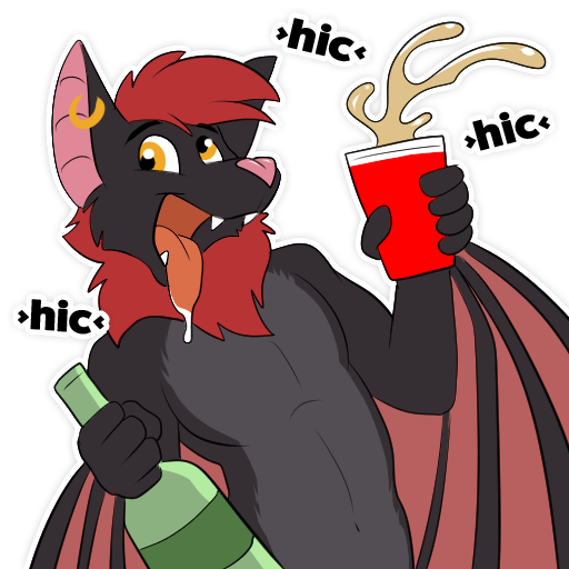 1:1 alcohol alpha_channel anthro beverage black_body black_fur bodily_fluids bottle canid canine chiropteran cup drooling ear_piercing ear_ring fox fur hair hiccuping kwik_(artist) male mammal membrane_(anatomy) membranous_wings neck_tuft piercing pink_nose razor_the_flying_fox-bat red_body red_cup red_fur red_hair saliva simple_background smile solo sticker telegram_stickers tongue tuft wings yellow_eyes