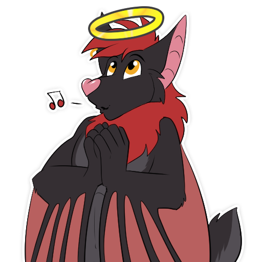 1:1 alpha_channel anthro black_body black_fur canid canine chiropteran ear_piercing ear_ring fox fur hair halo hands_together hybrid kwik_(artist) male mammal membrane_(anatomy) membranous_wings neck_tuft piercing pink_nose razor_the_flying_fox-bat red_body red_fur red_hair simple_background solo sticker telegram_stickers tuft whistling wings yellow_eyes