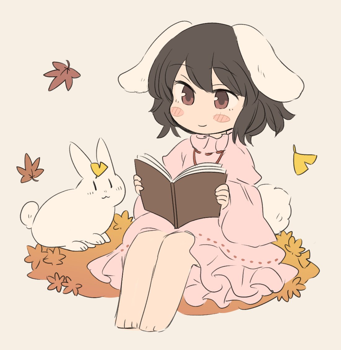 1girl :3 animal_ears barefoot black_hair blush_stickers book bunny bunny_ears bunny_tail chibi closed_mouth dress grey_background holding inaba_tewi inazakura00 leaf leaf_on_head long_sleeves maple_leaf open_book pink_dress reading red_eyes simple_background sitting smile solo tail touhou wide_sleeves