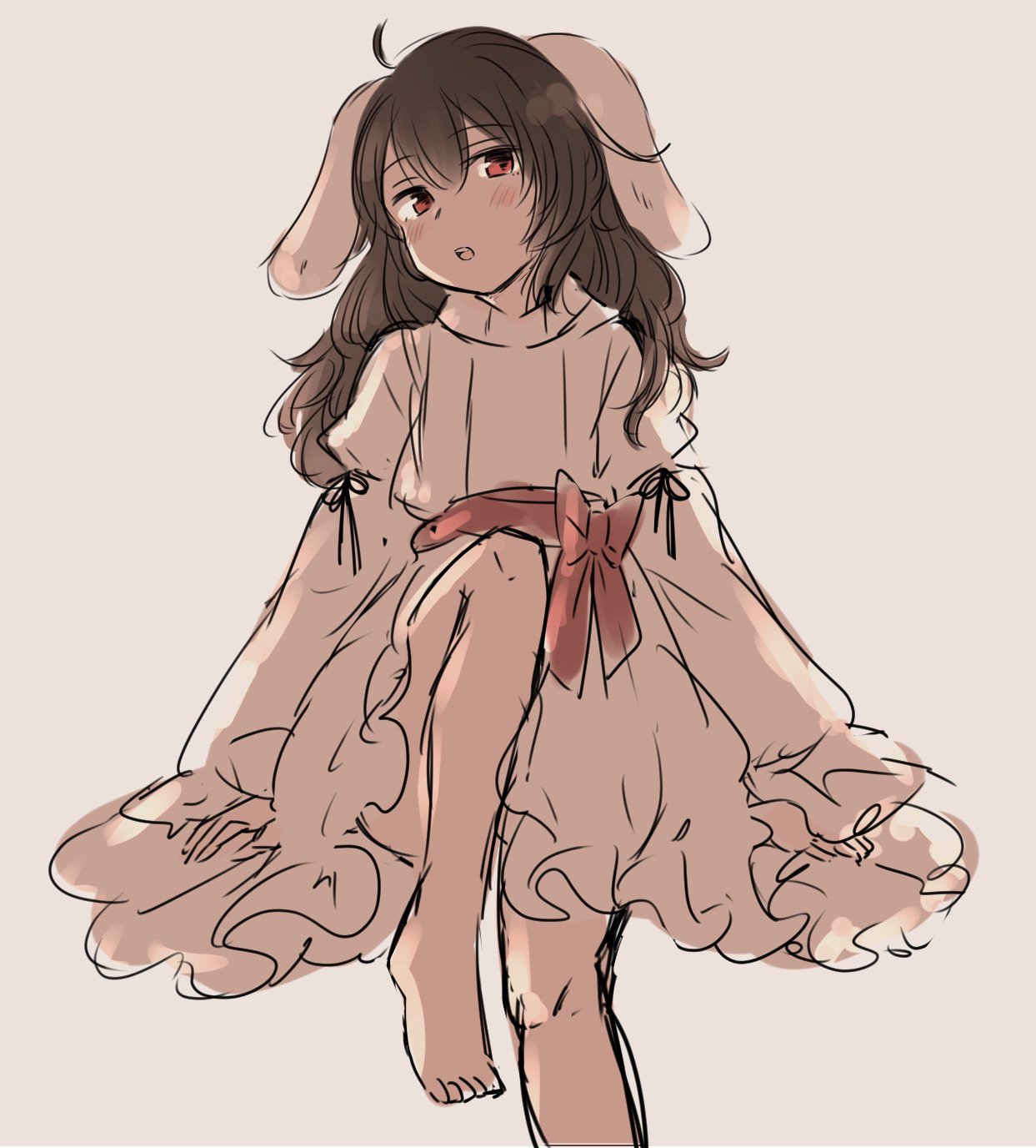 1girl ahoge alternate_hair_length alternate_hairstyle animal_ears blush bow brown_hair bunny_ears dress head_tilt highres inaba_tewi inazakura00 knee_up long_dress long_hair long_sleeves looking_at_viewer parted_lips red_bow red_eyes sash simple_background sketch solo touhou white_background white_dress